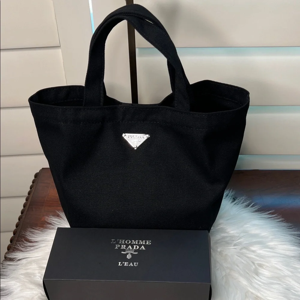 PRADA Beauty L'HOMME Milano L'EAU Black Mini Tote Canvas Bag Box PRADA Logo NWOT - Picture 14 of 17